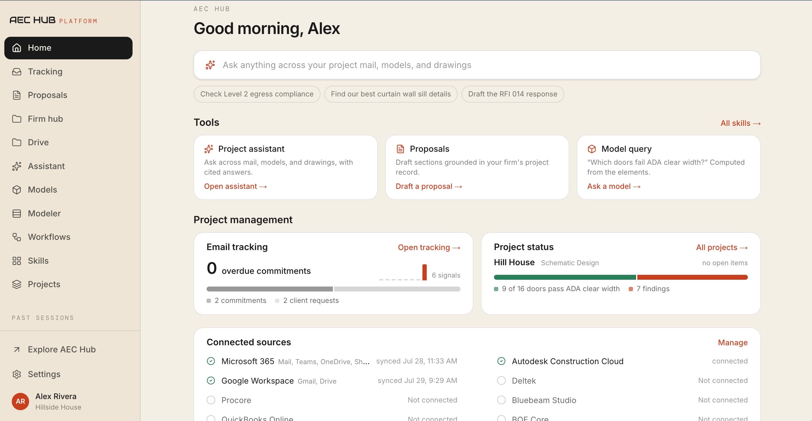 AEC Hub Platform home with a project assistant, model query, proposals, project status, and connected sources