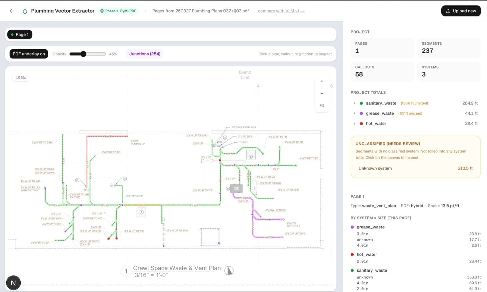 Plumbing takeoff tool showing extracted pipe systems with lengths by size