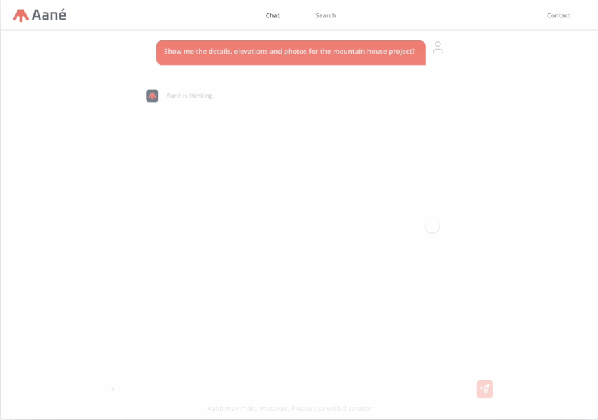 Animated demo of Aané answering a request for project details, elevations, and photos