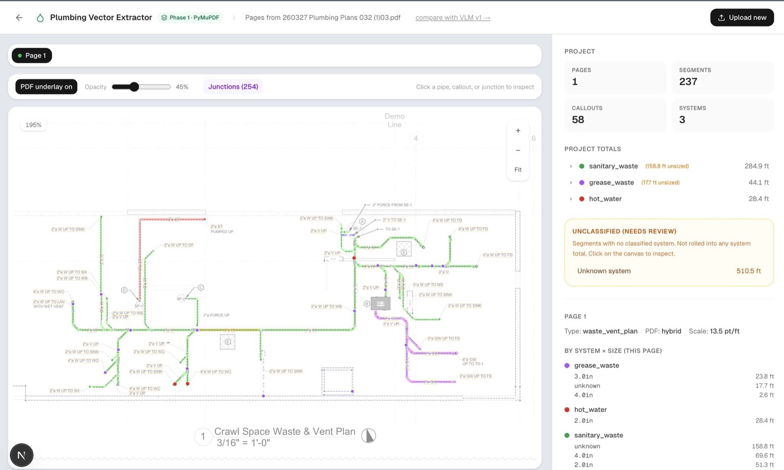 Plumbing takeoff tool showing extracted pipe systems with lengths by size